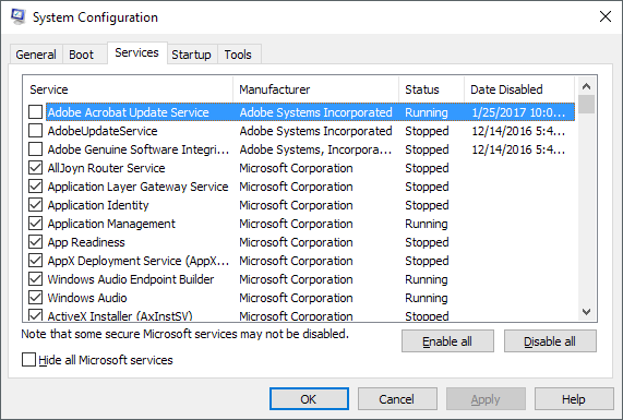 In the System Configuration window, go to the "Services" tab
Check the box next to "Hide all Microsoft services"