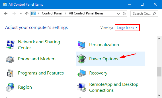 Open Control Panel by clicking on the Start menu and selecting it from the list.
Click on Power Options to open the power settings menu.