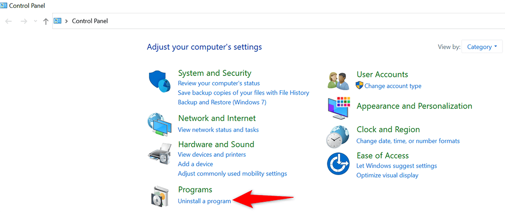Open the Control Panel by typing "Control Panel" in the search bar and selecting the corresponding result.
Click on Uninstall a program under the Programs category.