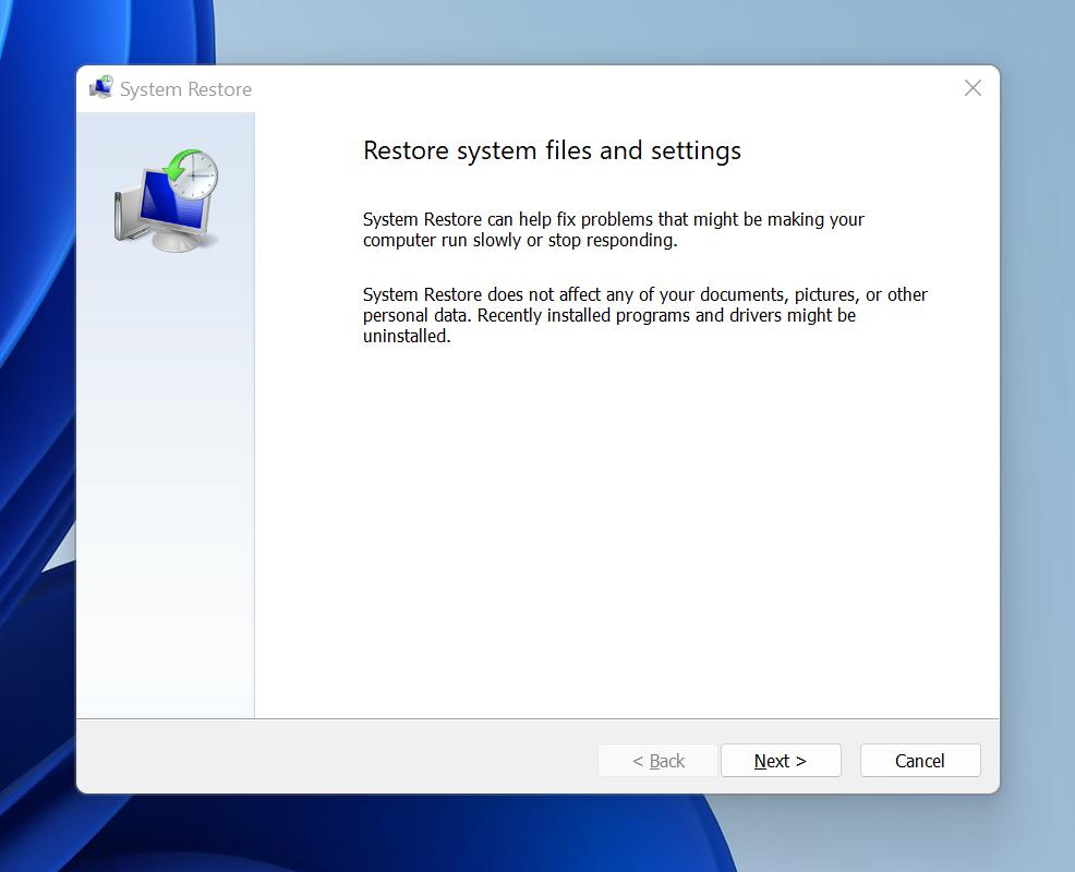 Open the System Restore tool.
Select a restore point prior to the freezing issue.