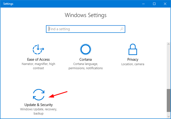 Press Windows Key + I to open Settings
Click on Update & Security
