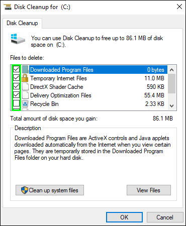 Select the drive where Windows is installed (usually the C: drive) and click "OK".
Check the boxes next to the types of files you want to delete, such as Temporary files, Recycle Bin, and Temporary Internet files.